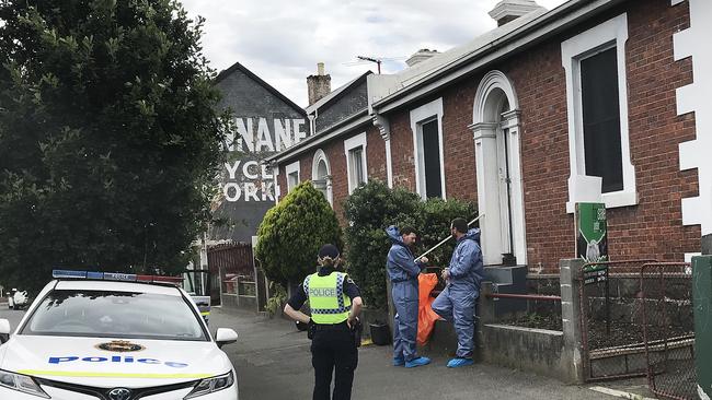 Tasmania Police at the scene of a suspicious death in Wellington Street, Launceston. Picture: Helen Kempton