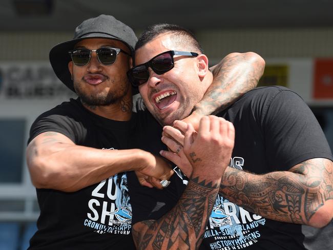 Cronulla Sharks Ben Barba and Andrew Fifita embrace at the Sharks Fan Day. Picture: Mick Tsikas