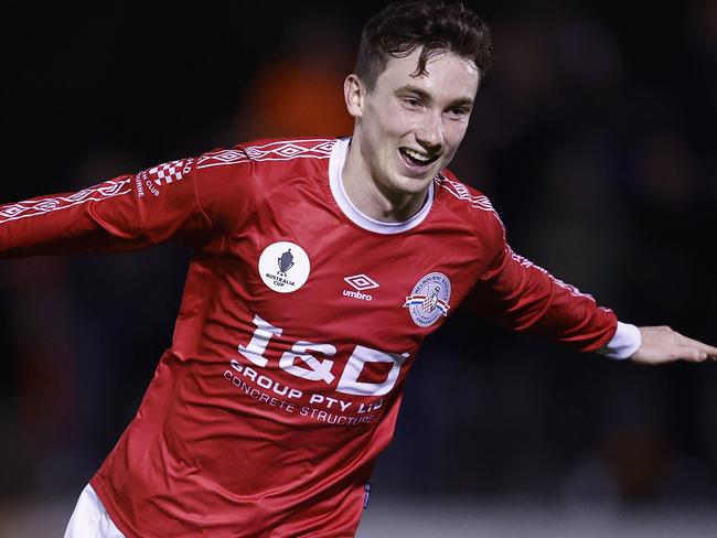 MELBOURNE, AUSTRALIA - AUGUST 29: Mitch Hore of the Knights celebrates soring a goal during the Australia Cup 2023 Round of 16 match between Melbourne Knights FC and Campbelltown City SC at Knights Stadium, on August 29, 2023 in Melbourne, Australia. (Photo by Daniel Pockett/Getty Images)