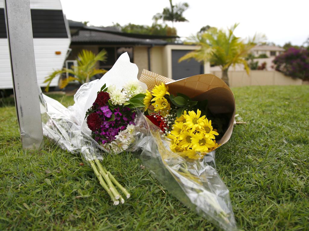 Floral tributes outside the home of Kelly Wilkinson. Picture: Tertius Pickard