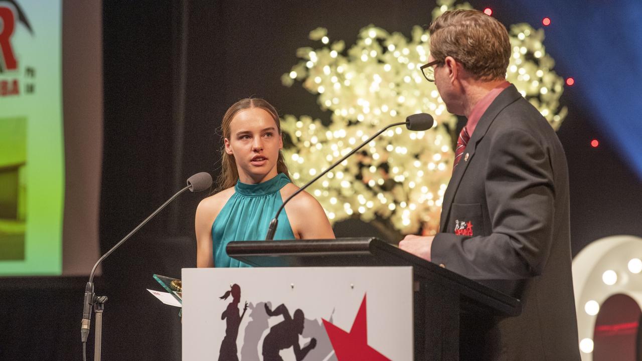 Chloe Denning received the Junior Rising Star award. Sports Darling Downs Sports Stars of the Year dinner. Saturday, February 11, 2023. Picture: Nev Madsen.