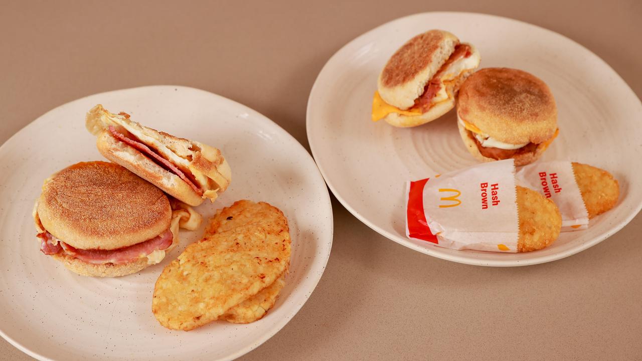 Michelle Southan’s bacon and egg muffin with hash browns (left) next to McDonalds. Picture: Justin Lloyd