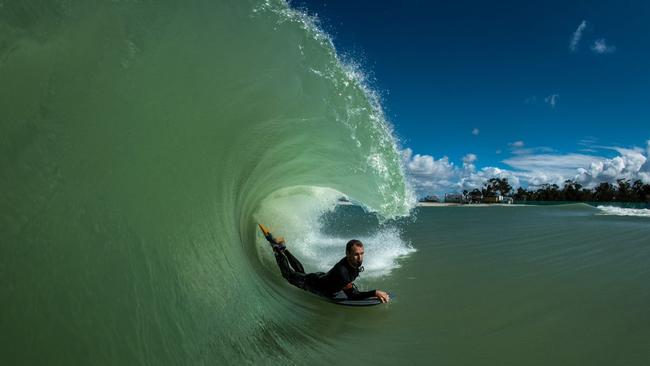 Ben Player threads through a bomb on The Island at Surf Lakes research and development facility near Yeppoon