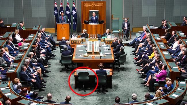 The empty chair that was reserved for Bridget McKenzie. Picture: AAP