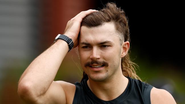 MELBOURNE, AUSTRALIA - JANUARY 22: Sam Draper of the Bombers looks on during the Essendon Bombers training session at the NEC Hangar on January 22, 2024 in Melbourne, Australia. (Photo by Michael Willson/AFL Photos via Getty Images)