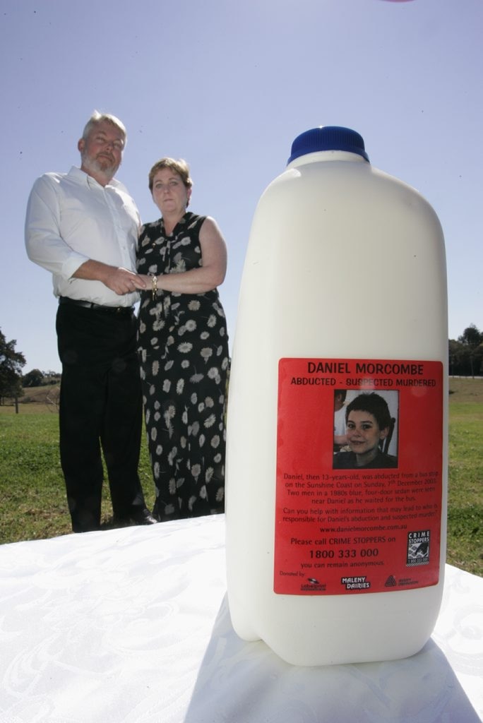 Bruce and Denise Morcombe with the Maleny dairies milk cartons with Daniel's photo on it. Photo : Chris McCormack. Picture: Chris McCormack