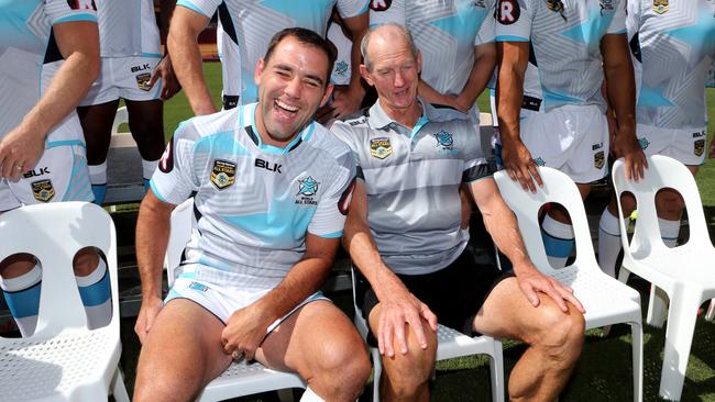 Cameron Smith and coach Wayne Bennett share a joke during the team photo for the World All Stars in 2016. Picture: Darren England