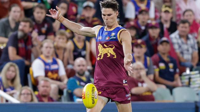 Eric Hipwood kicks a goal during the 2023 AFL Round 04 match between the Brisbane Lions and the Collingwood Magpies at the Gabba.