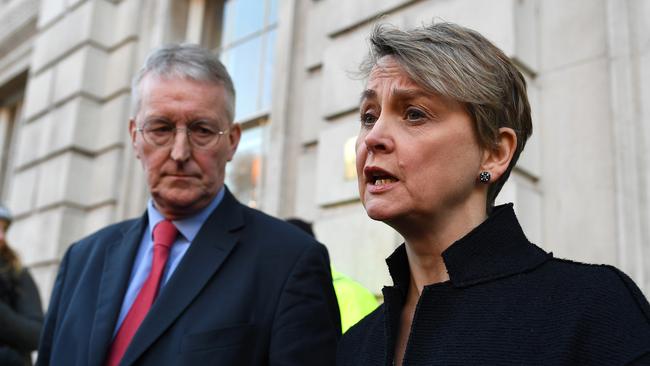 Hilary Benn and Yvette Cooper of the Labour Party leave the Cabinet Office after joining cross party talks. Getty Images.