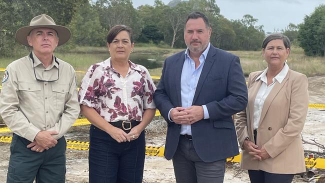 QPWS Senior Conservation Officer Craig Dunk with Thuringowa MP Natalie Marr, Environment Minister Andrew Powell and Mundingburra MP Janelle Poole at an illegal dump site in Townsville.