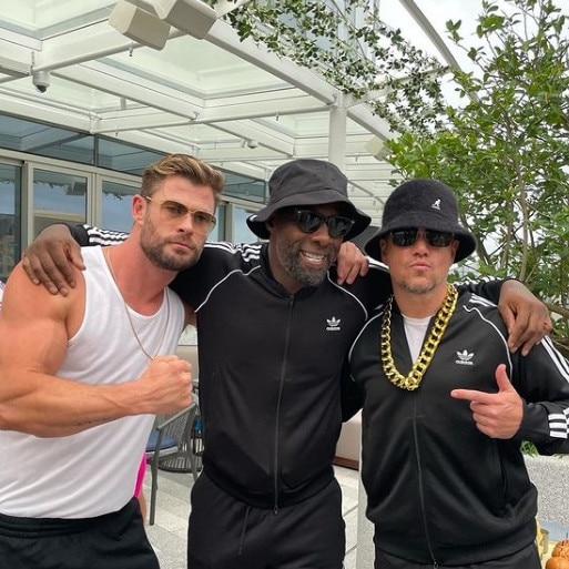 Chris Hemsworth, Idris Elba and Matt Damon at an 80s style dress up party. Picture: @chrishemsworth