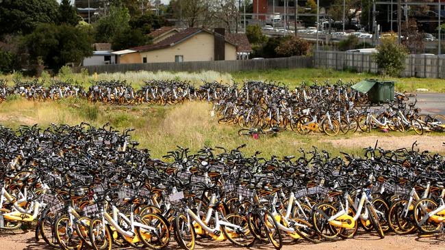 Hundreds of oBikes stored at a disused brick factory, in Nunawading in October 2017. Picture: Stuart McEvoy