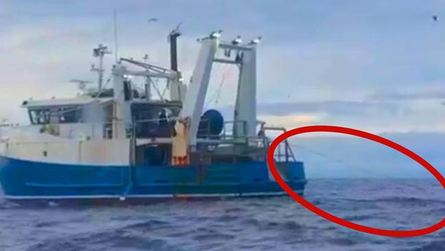 Photo taken from a marine vessel showing the trawl lines at the back of the trawler. Picture: DES