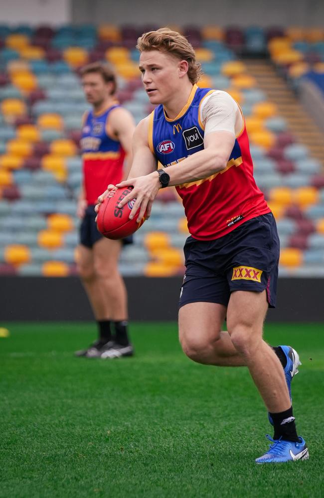 Levi Ashcroft trains with the Brisbane Lions after formally confirming his desire to join the club as a father-son selection at the upcoming AFL national draft.