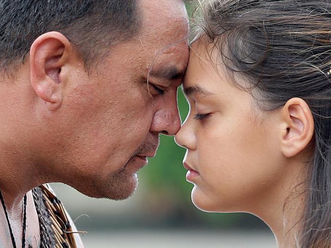 Peter and Dakota Brown get ready for WAITANGI DAY on the Gold Coast. Pic Jono Searle.