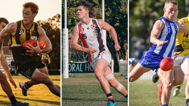 Maroochydore’s Zac Stone, Morningside’s Deklan Wille and Mt Gravatt’s Joel Leahy in action. Pictures: Brooke Sleep Media and Highflyer Images.