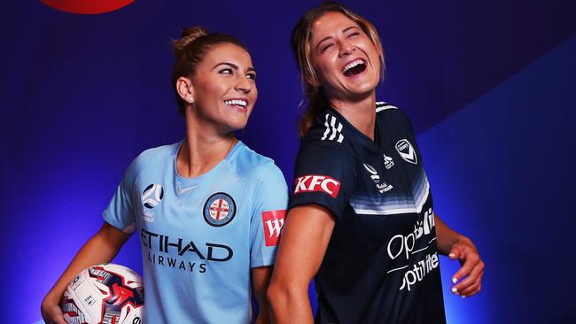 Victory recruit Laura Alleway with former Melbourne City teammate Steph Catley at Monday’s W-League launch. Picture: Phil Hillyard