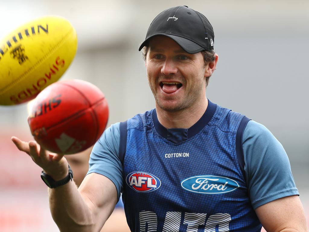 Patrick Dangerfield hams it up at a Cats open training session. Picture: Alison Wynd