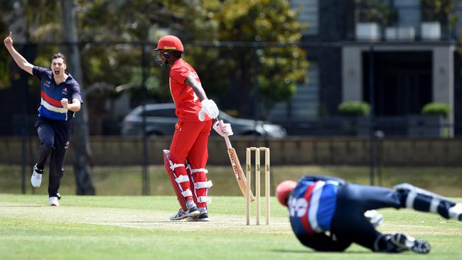 Dylan Kight snaffles the catch to dismiss Ashley Chandrasinghe. Picture: Steve Tanner