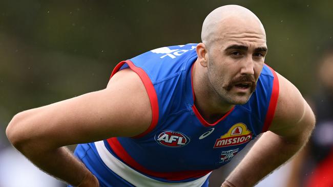 MELBOURNE, AUSTRALIA - FEBRUARY 15: Brayden Crossley of the Bulldogs looks on during the 2025 AFL Pre-Season match between Western Bulldogs and Essendon Bombers at Whitten Oval on February 15, 2025 in Melbourne, Australia. (Photo by Quinn Rooney/Getty Images)