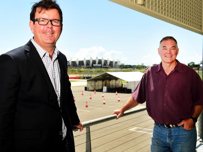 The Townsville Hospital and Health ServiceÕs COVID-19 drive-through assessment clinic is now at Reid Park in Railway Estate. Townsville Hospital and Health Services Chief Executive Kieran Keyes with Scott Stewart MP