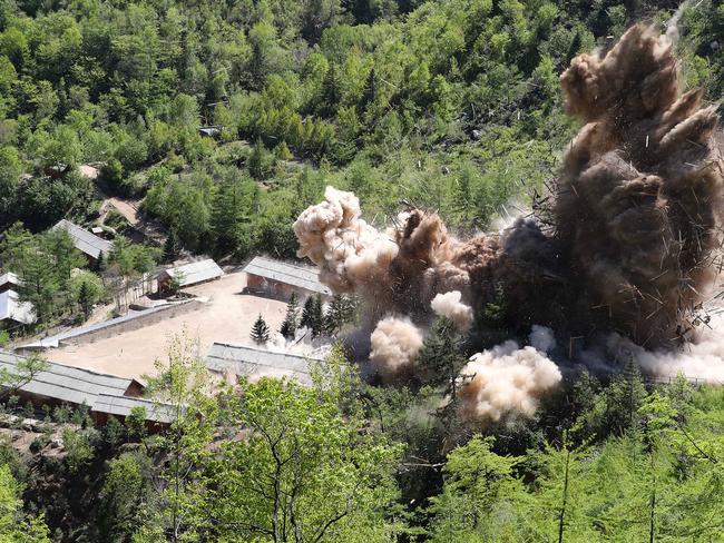 PUNGGYE-RI, NORTH KOREA - MAY 24: (SOUTH KOREA OUT) In this handout image provided by the News1-Dong-A Ilbo, the Punggye-ri nuclear test site is demolished on May 24, 2018 in Punggye-ri, North Korea. North Korea dismantled their nuclear testing facility at Punggye-ri in front of the international media. (Photo by News1-Dong-A Ilbo via Getty Images)