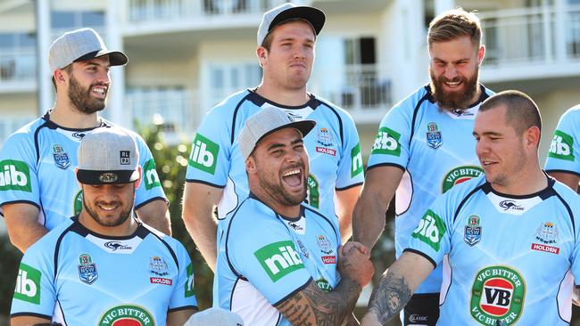NSW's Andrew Fifita with NSW's Jack De Belin during the NSW Blues State of Origin team photo ahead of Game 3, at Mantra on Salt Beach Kingscliff. Picture: Brett Costello