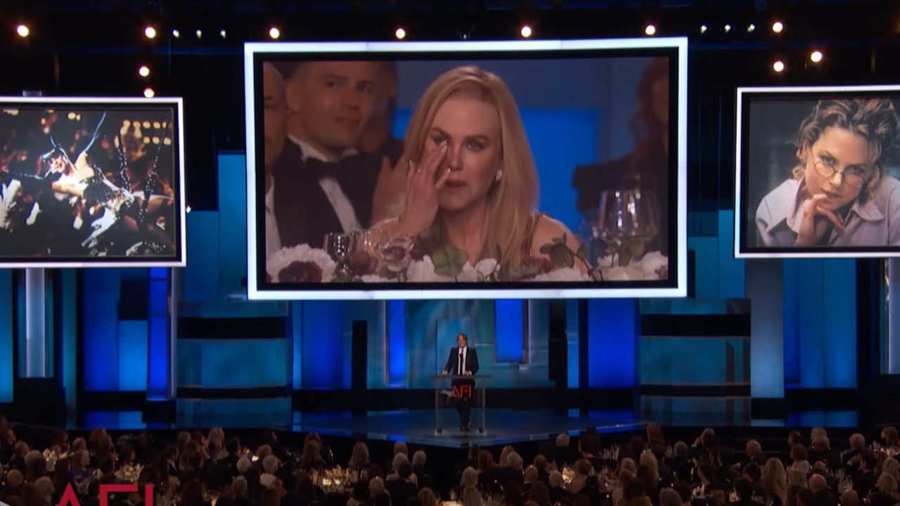 Nicole Kidman couldn't hold back her tears as her husband spoke about their marriage. Picture: YouTube.