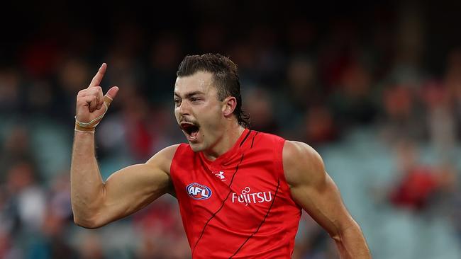 Sam Draper dominated with 14 disposals, three goals and 18 hit-outs in the wet against Melbourne on Saturday. Picture: Paul Kane / Getty Images