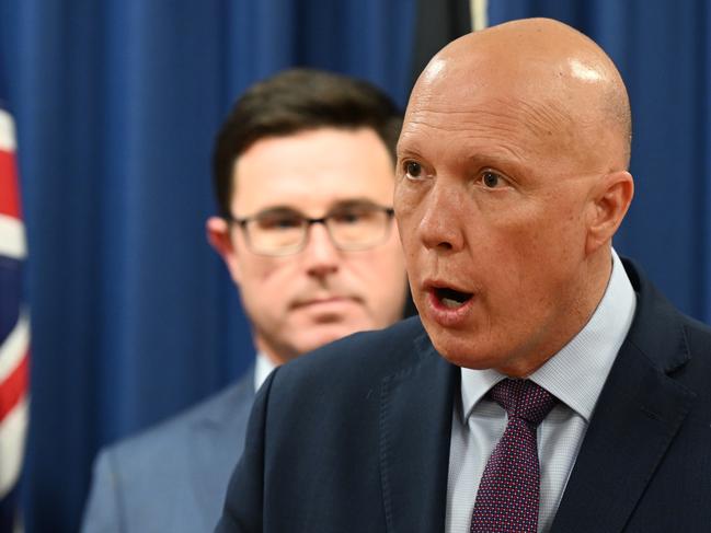 Opposition leader Peter Dutton and leader of the National party David Littleproud announce the members of the shadow cabinet in Brisbane in June. Lyndon Mechielsen/The Australian