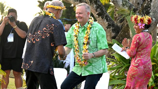 Anthony Albanese at a welcome ceremony during the Pacific Islands Forum in the Cook Islands in November. Picture: AAP