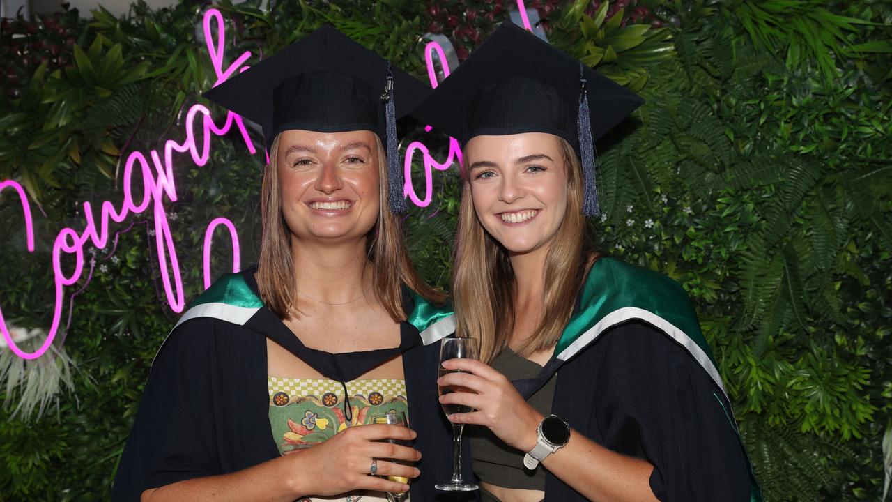 Grace Burton and Emma Guy. Deakin School of Education; NIKERI; and Centre of Humanitarian Leadership students graduated on Wednesday lunchtime. Picture: Alan Barber