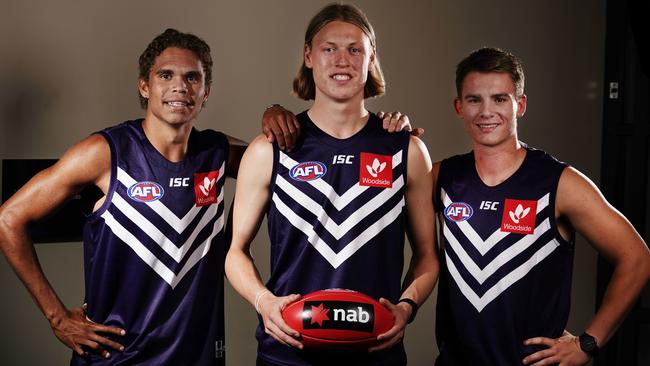 Fremantle’s trio of top-10 draft picks Liam Henry, Hayden Young and Caleb Serong.