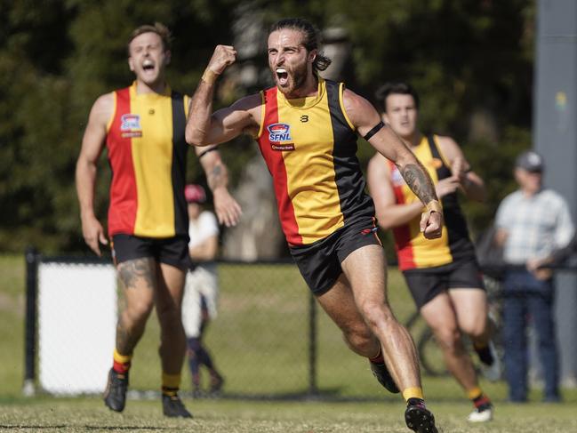 Dylan Weickhardt celebrates a goal for Cheltenham on Anzac Day. Picture: Valeriu Campan