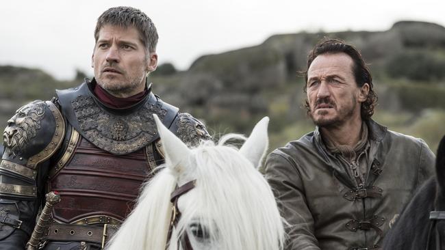 Nikolaj Coster-Waldau as Jaime Lannister and Jerome Flynn as Bronn in a scene from Game Of Thrones. 