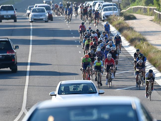 A petition is calling for state governments across Australia to ban the practice of allowing cyclist to ride two abreast, saying it can be dangerous for motorists. Picture: Nicole Garmston.