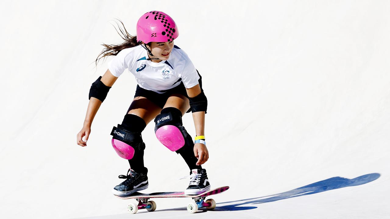 Arisa Trew in action in the women’s skateboard final. Picture: Michael Klein