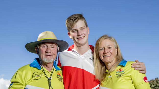 Digby Warren, 80, Matthew Sharp, 17, and Tiffany Sharp, 49, are all volunteering throughout the 2018 Gold Coast Commonwealth Games. Picture: Jerad Williams