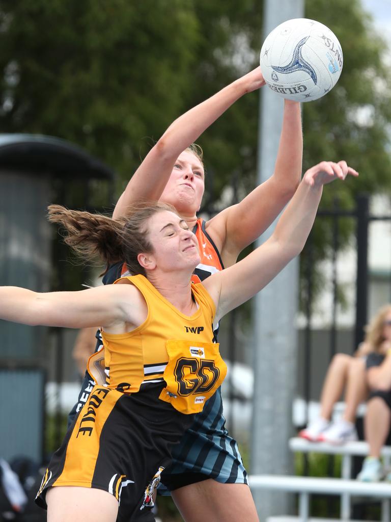 GFL Netball: Geelong West Giants v Grovedale. Geelong West Goal Shooter Aleisha McDonald over Grovedale's Bonnie Coburn. Picture: Mike Dugdale