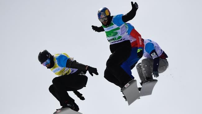 Alex Pullin, second from left, in action in the snowboard cross in Sierra Nevada.