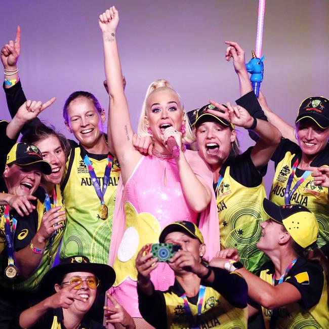 Katy Perry performs on stage with the Australian cricket team following their victory in the ICC Women's T20 Cricket World Cup Final. Picture: Cameron Spencer/Getty Images