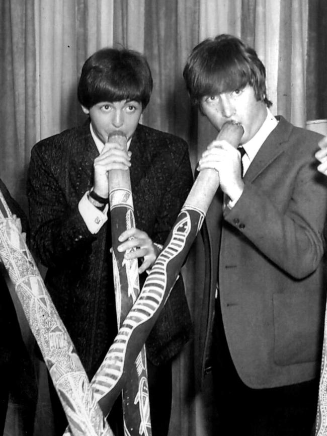 File Pix Beatles Australian tour 1964 (This pic may be Sydney) - (l-R) ringo Starr, Paul McCartney, John Lennon and George Harrison playing didgeridoos - music bands groups didgeridoo Picture: File Photo