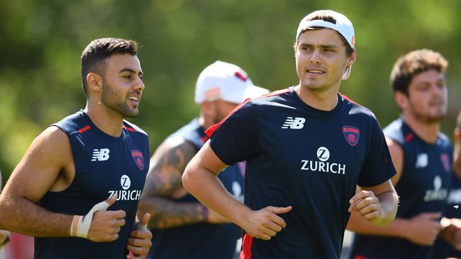 Kade Kolodjashnij (right) with Christian Salem at a Melbourne pre-season training session in 2018. Picture: Getty Images