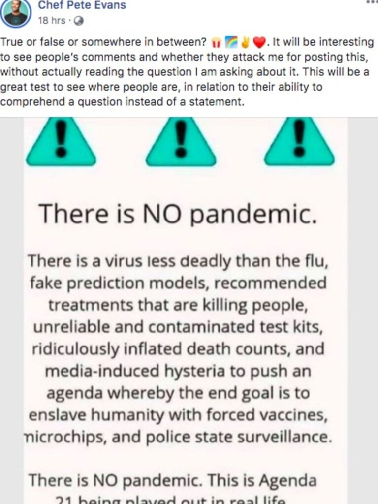 The former MKR judge took to Facebook to share his scepticism of the coronavirus pandemic. Picture: paleochefpeteevans/Facebook via NCA NewsWire