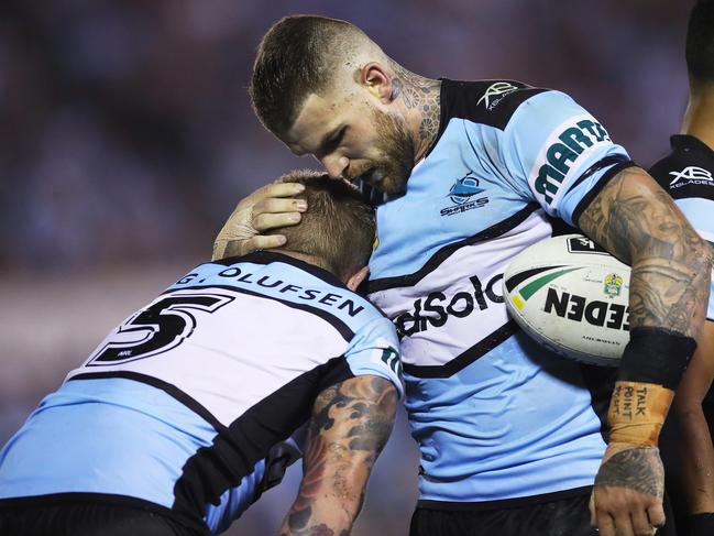 Dejected Cronulla's Josh Dugan and Aaron Gray during NRL match Cronulla Sharks v St. George-Illawarra Dragons at Southern Cross Stadium. Picture. Phil Hillyard