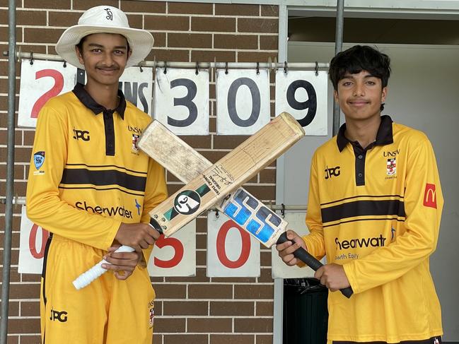 (L-R) Neel Patel (167 runs) and Nirav Sharma (103 runs) for UNSW after their opening partnership of 279 for UNSW v Bankstown, NSW Premier Cricket, U16s AW Green Shield, round three, Sunday, December 22, 2024. Picture: Jason Hosken, NewsCorp - NewsLocal