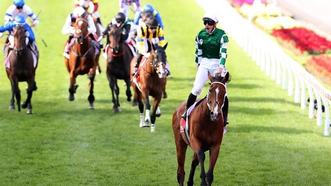 An elated James McDonald rides Via Sistina to victory in the Cox Plate following a drama-charged win Picture: Kelly Defina