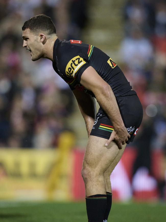 Cleary clutches his leg in pain. (Photo by Brett Hemmings/Getty Images)