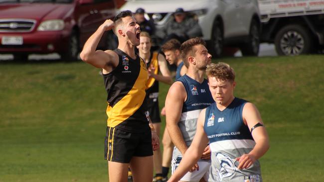 Hamish Ralph celebrates after a win against Henley. Picture: Matt Oborn