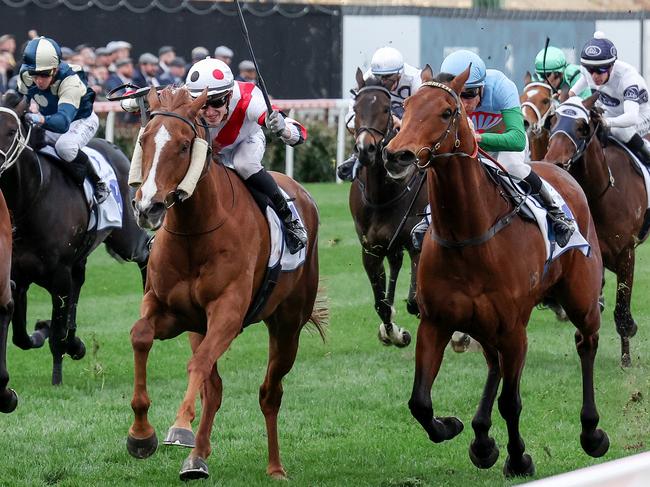 Pinstriped ridden by Ben Allen wins the Clamms Seafood Feehan Stakes at Moonee Valley Racecourse on September 09, 2023 in Moonee Ponds, Australia. (Photo by George Sal/Racing Photos via Getty Images)